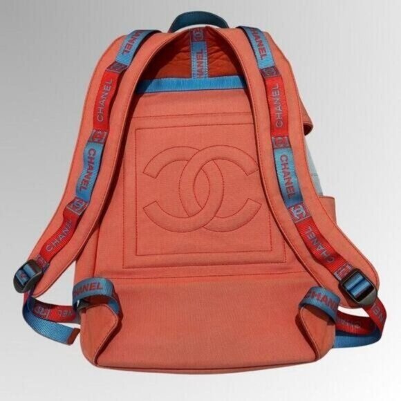 Authentic CHANEL CC Sport Line Nylon Backpack Bag Multicolor Blue Red Vintage - Picture 4 of 10